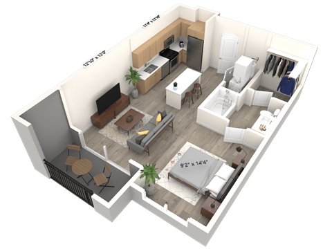 Floor plan for studio, 1 bath, 586 sqft
